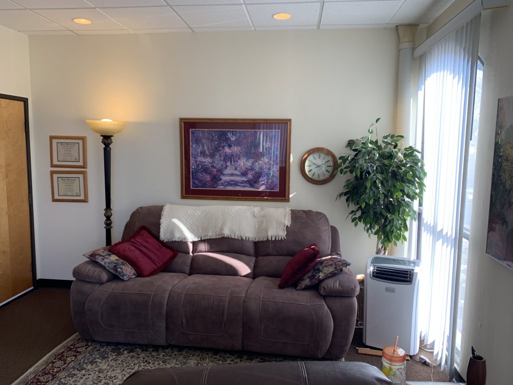 A quiet room with a sofa, lamp and natural light